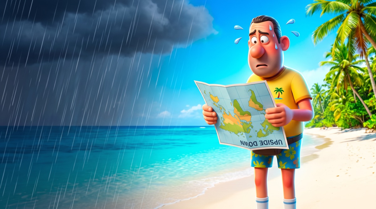 Der Doofe mit Karte zwischen Sonne und Monsun (KI-Illustration)