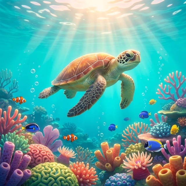 Schildkröte beim Tauchen vor Koh Tao, illustriert